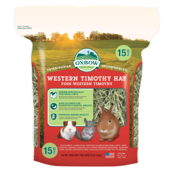 red bag of Oxbow Western Timothy Hay with a chinchilla, rabbit and guinea pig on it