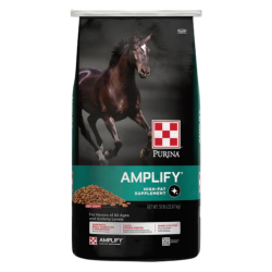 Purina Amplify High-Fat Horse Supplement. Colorful equine feed bag.