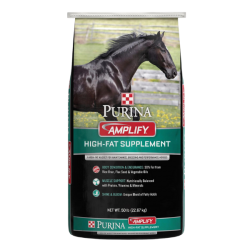 Purina Amplify High-Fat Horse Supplement. Colorful equine feed bag.