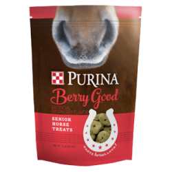 Purina Berry Good Senior Horse Treats. Red feed bag.