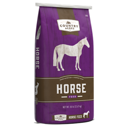 Purina Country Acres Horse 12% Pellet High Fat. Purple equine feed bag.
