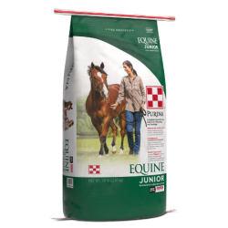 Purina Equine Junior Horse Feed. Green and white feed bag.