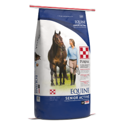 Purina Equine Senior Active Horse Feed. Blue and white feed bag.
