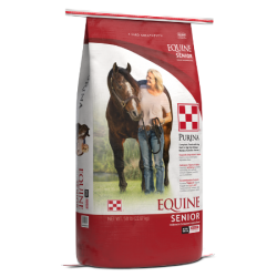 Purina Equine Senior Horse Feed. Red and white feed bag.
