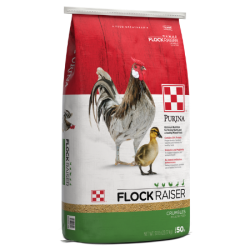 Purina Flock Raiser Crumbles. Red, white and green poultry feed bag. Hen and chick.