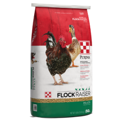 Purina Flock Raiser Pellets. Red, white and green poultry feed bag. Hens.