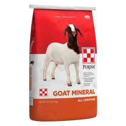 Purina Goat Mineral. Red, white and orange feed bag.