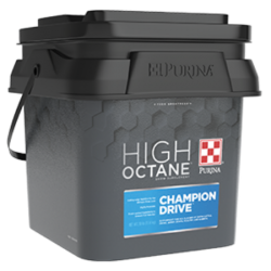 Purina High Octane Champion Drive Topdress. Black plastic pail. 
