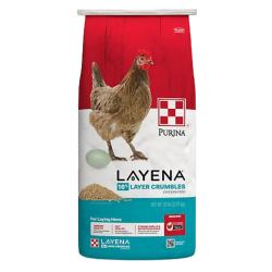 Purina Layena Crumbles. Red, white and teal poultry feed bag. Hen and egg.
