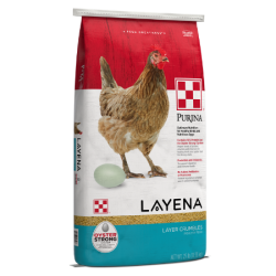 Purina Layena Crumbles. Red, white and teal poultry feed bag. Hen and egg.