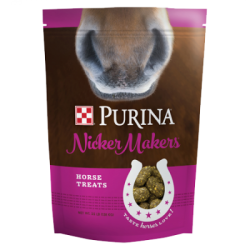 Purina Nicker Makers Horse Treats. Purple horse treat bag.