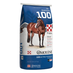 Purina Omolene 100 Active Pleasure Horse Feed. Blue and white feed bag.