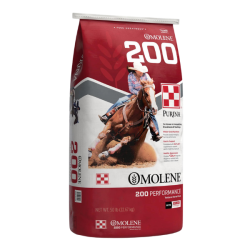 Purina Omelene 200 Performance Horse Feed. Red and white feed bag.