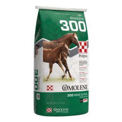 Purina Omolene 300 Growth Mare & Foal Feed. Green and white feed bag.