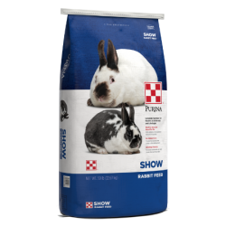 Purina Show Rabbit Feed. Blue and white feed bag.
