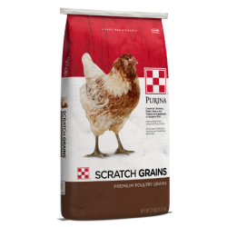 Purina Scratch Grains. Red, white and brown poultry feed bag. Chicken.