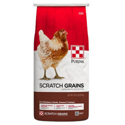 Purina Scratch Grains. Red, white and brown poultry feed bag. Chicken.