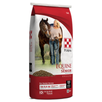 Purina Equine Senior Horse Feed. Red and white feed bag.