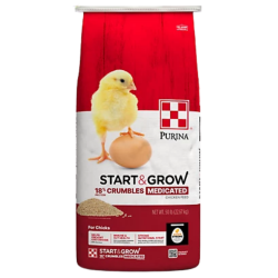 Purina Start & Grow Medicated. Red and white 50-lb poultry feed bag. Yellow chick with brown egg.