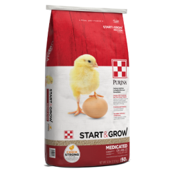 Purina Start & Grow Medicated. Red and white 50-lb poultry feed bag. Yellow chick with brown egg.