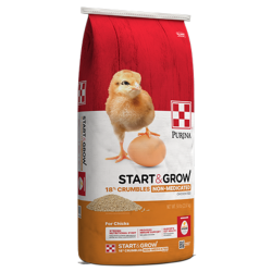Purina Start & Grow Non-Medicated. Red, white and tan poultry feed bag. Yellow chick with brown egg.