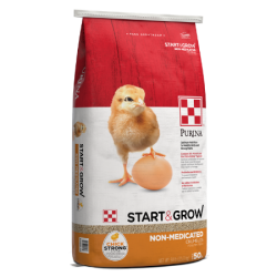 Purina Start & Grow Non-Medicated. Red, white and tan poultry feed bag. Yellow chick with brown egg.