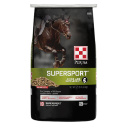 Purina SuperSport Amino Acid Horse Supplement. Black feed bag.