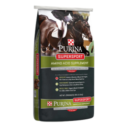 Purina SuperSport Amino Acid Horse Supplement. Black feed bag.