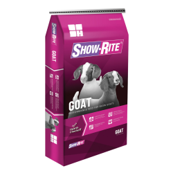 Show RiteNewCo Goat 17%. Purple feed bag.
