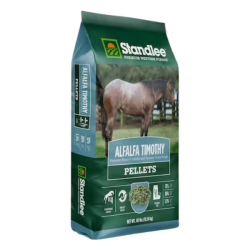 Standlee Premium Alfalfa/Timothy Pellets. 40-lb green bag of feed for horses.