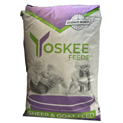 Purple, green and white bag of Yoskee Feed's Sheep & Goat Feed