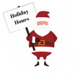 Santa holding a holiday hours sign