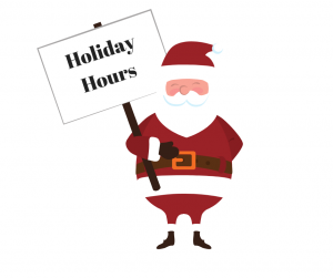 Santa holding a holiday hours sign