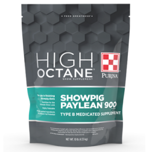 Purina High Octane Showpig Paylean 900 Medicated Supplement. Grey and teal 10-lb pouch.