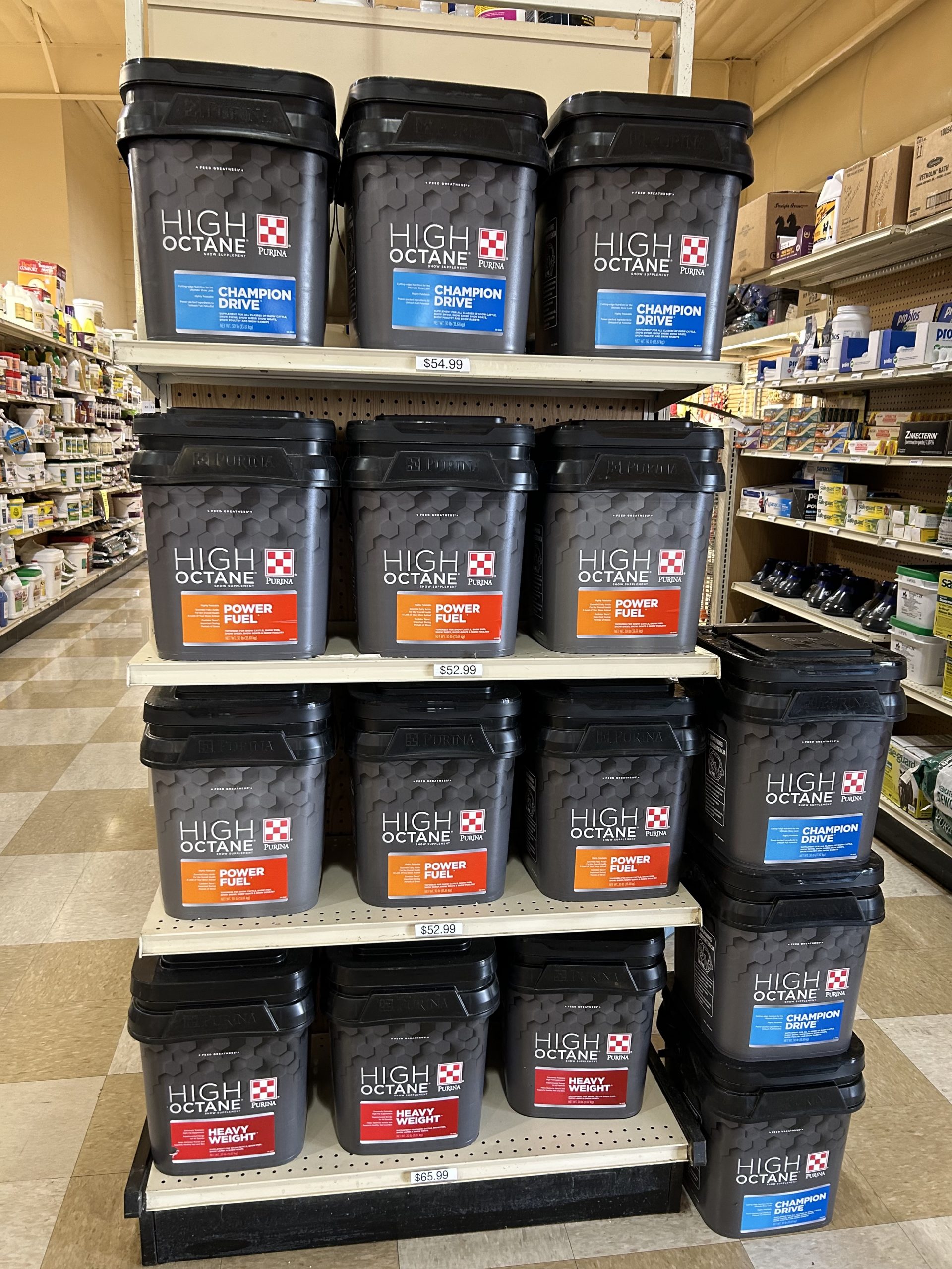End cap display of Purina High Octane Show Supplements. 
