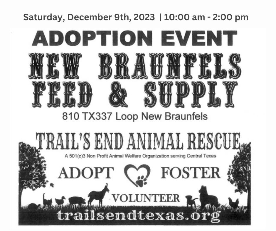 Trails End Retreat and Rescue Pet Adoption Event. Saturday, December 9th, 2023 from 10:00 am - 2:00 pm.