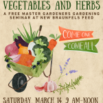 Master Gardening Flyer for Garden Seminar: Grow Your Own Vegetables and Herbs, listing details on it along with cute wheelbarrow illustration filled with veggies and herbs.