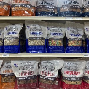 Wholesomes bags of treats on display