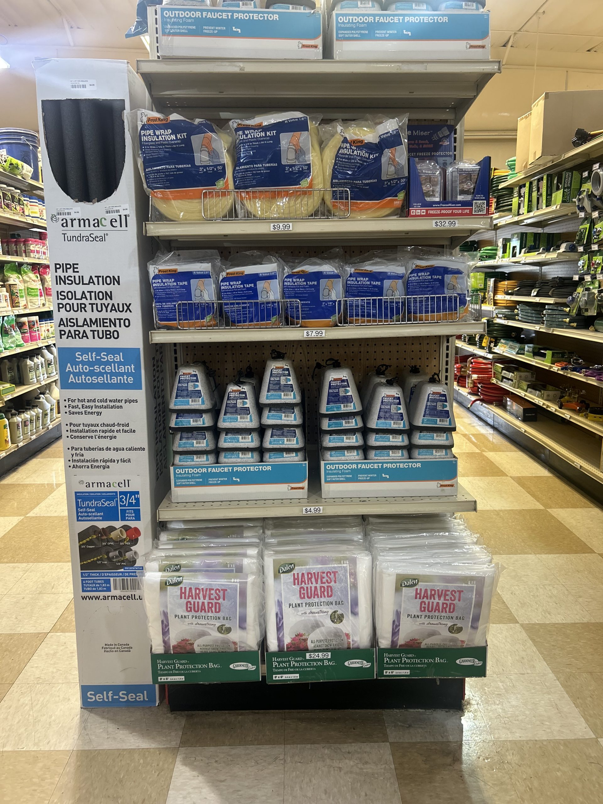 Pipe insulation, plant protectors and other cold weather products mentions on shelves.