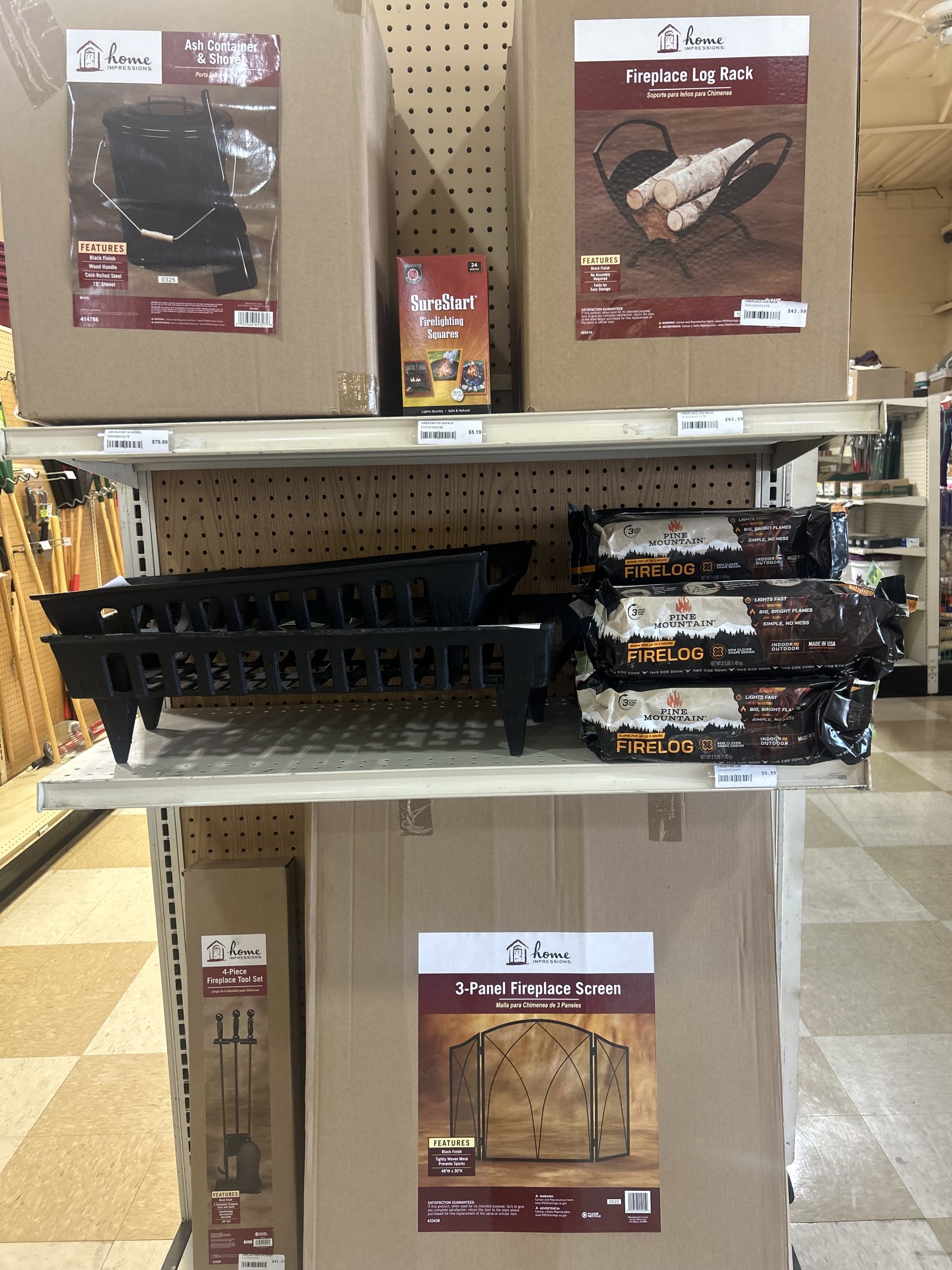 fireplace log racks, screen and logs pictured